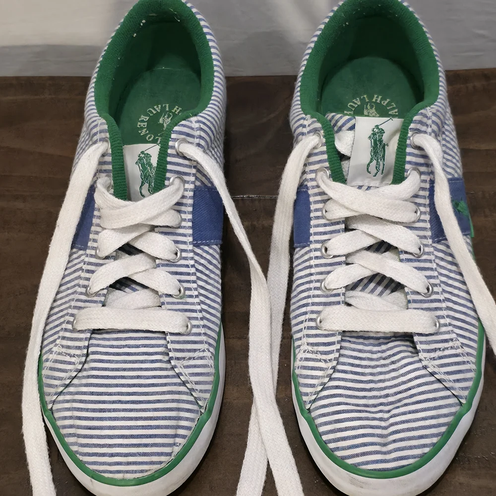 Polo Ralph Lauren Seersucker Sneakers Blue White Stripe Green Pony Size 9B Prep - Picture 6 of 10